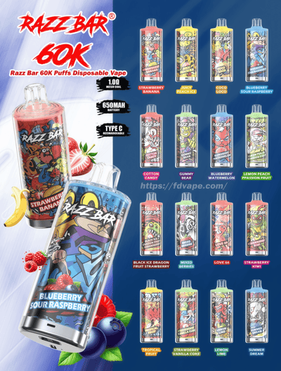 Promotional poster for the Razz Bar 60K disposable vape featuring two oversized illustrated devices and a grid of labeled flavor designs (Strawberry Banana, Blueberry Sour Raspberry, Cotton Candy, Gummy Bear, Lemon Peach Passion Fruit and more) with product highlights: 60K puffs, 1.0Ω mesh coil, 650mAh battery and Type-C rechargeability.