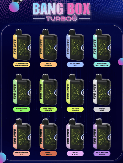 Bang Box Turbo vape pods arranged in a 4x3 grid with distinctive colored bands and flavor labels.