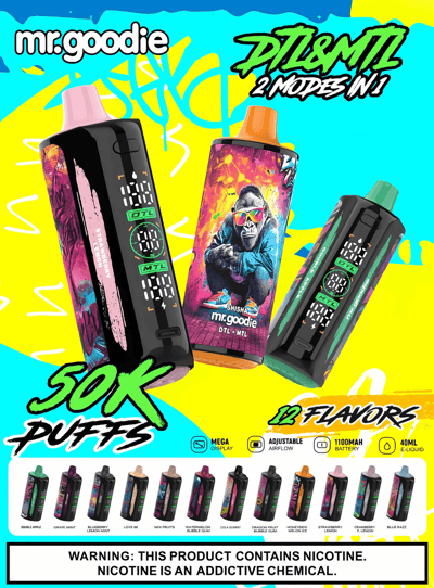 Promotional graphic for Mr. Goodie vaping products featuring colorful designs, highlighting features such as 50,000 puffs, dual modes (DTL & MTL), adjustable airflow, various flavors, a 1100mAh battery, and 40ml e-liquid capacity, alongside a nicotine warning label.