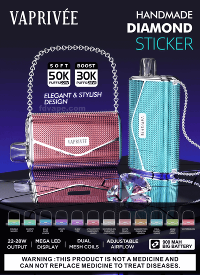 Two Vaprivée handheld vape devices—one rose-pink and one turquoise—covered in sparkling handmade diamond-pattern stickers with silver trim and chain straps, photographed on a reflective surface with nearby crystal gems and product badges showing puff counts, flavor swatches and feature icons below.