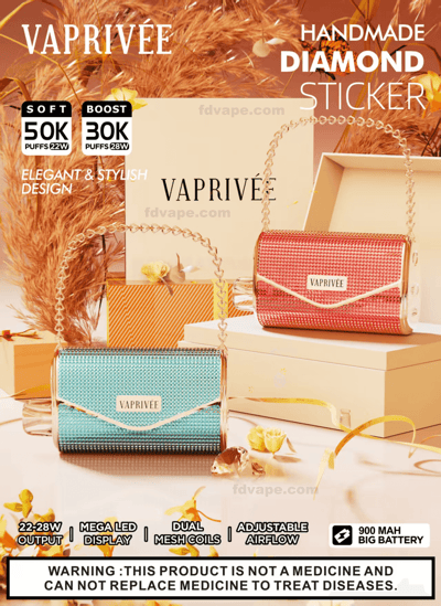 Two jeweled handbag-shaped VAPRIVÉE disposable vapes—one turquoise and one coral with gold chain handles—displayed on gift boxes with decorative feathers, product labels indicating puff counts and battery, and a warning strip at the bottom.
