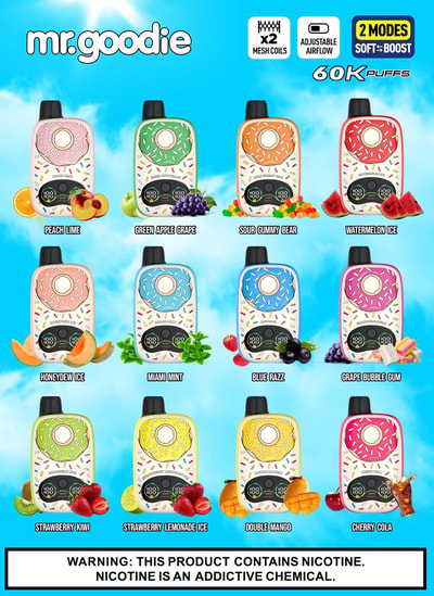 Twelve mr.goodie disposable vape devices in pastel colors displayed on a blue sky backdrop, each with flavor labels.