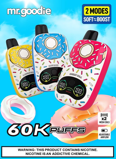 Three donut-themed vape devices in yellow, blue, and pink with sprinkle patterns and digital displays against a bright blue sky.