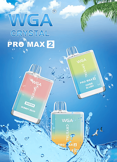 Promotiefoto van WGA Crystal Pro Max 2 met kleurrijke vape-apparaten met waterspatten en een palmboom tegen een blauwe lucht.