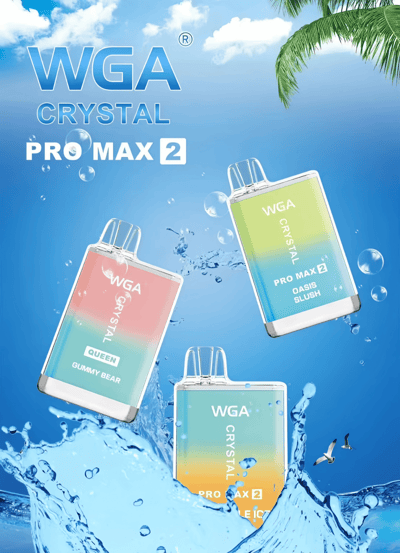 Promotional image of WGA Crystal Pro Max 2 showcasing colorful vape devices with water splashes and a palm tree against a blue sky.