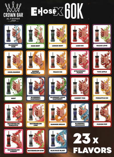 Grid of 23 flavor cards for a vape product, each card shows a bottle and flavor name; bottom right reads 23 x FLAVORS.