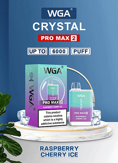 WGA Crystal Pro Max 2 Raspberry Cherry Ice vape-verpakking met maximaal 6000 trekjes en nicotinewaarschuwingslabel.