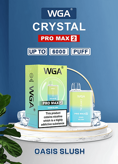 Verpakking en productpresentatie van WGA Crystal Pro Max 2 vape in de smaak "Oasis Slush" met maximaal 6000 trekjes, met een nicotinewaarschuwing.