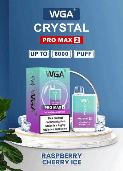 WGA Crystal Pro Max 2 Raspberry Cherry Ice vape packaging with up to 6000 puffs and nicotine warning label.