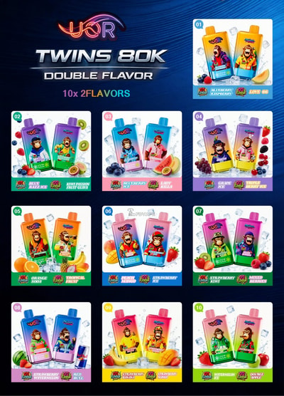 Promotional poster for TWINS 80K DOUBLE FLAVOR featuring ten colorful drink sachets with cartoon characters and fruit images.
