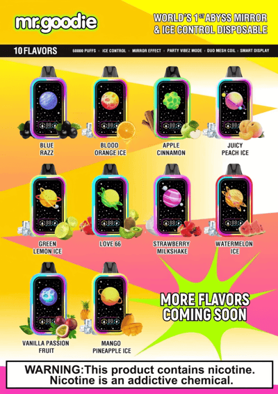 Promotional image for Mr. Goodie showcasing ten flavored disposable vape devices, such as Blue Razz and Apple Cinnamon, with accompanying fruit images and a warning about nicotine addiction.