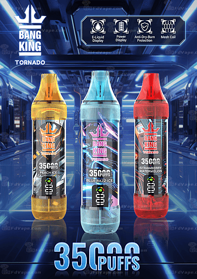 Three colorful disposable vape devices labeled "Bang King Tornado" with 35,000 puffs, featuring flavors Peach Ice, Blue Razz Ice, and Strawberry Watermelon, displayed in a futuristic sci-fi background with icons for features like e-liquid and power display, anti-dry-burn protection, and mesh coil technology.