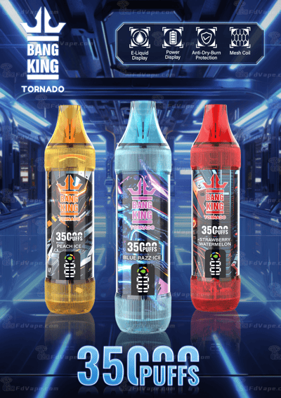 Three colorful disposable vape devices labeled "Bang King Tornado" with 35,000 puffs, featuring flavors Peach Ice, Blue Razz Ice, and Strawberry Watermelon, displayed in a futuristic sci-fi background with icons for features like e-liquid and power display, anti-dry-burn protection, and mesh coil technology.