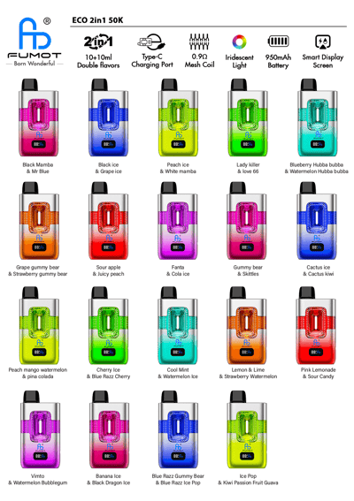 Raster aus farbenfrohen ECO 2in1 50K Vapes mit Geschmackspaaren wie Black Mamba & Mr Blue und Peach Ice & White Mamba.