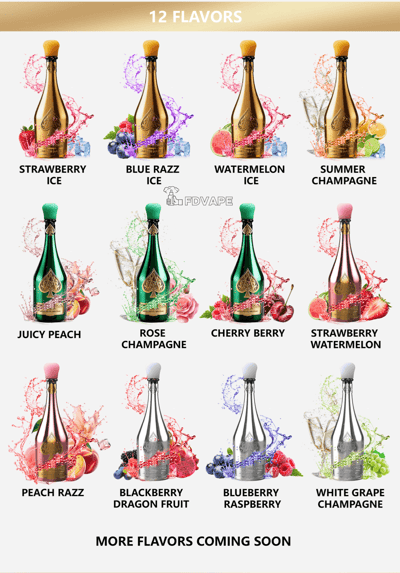 Collage of 12 flavored champagne-style bottles with labels like Strawberry Ice and Summer Champagne, plus “More flavors coming soon”