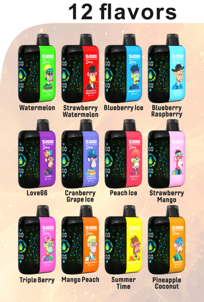 Visual apresentando doze opções de dispositivos de vaporização rotulados com sabores diferentes, cada um representado com designs e esquemas de cores exclusivos.