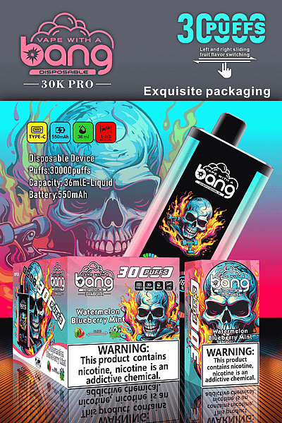 A colorful vape product packaging featuring a skull with flames, promoting a disposable vape with 30,000 puffs, 36mL e-liquid, and 550mAh battery capacity. Warnings about nicotine addiction are present.