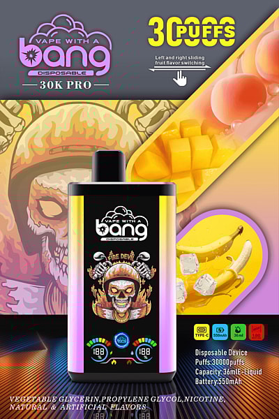 Dispositivo monouso Vape With a Bang 30K Pro, 30.000 boccate, con possibilità di cambiare aroma alla frutta, design Fire Devil, capacità del liquido di 36 ml, batteria da 550 mAh e contiene glicerina vegetale, glicole propilenico, nicotina, aromi naturali e artificiali.