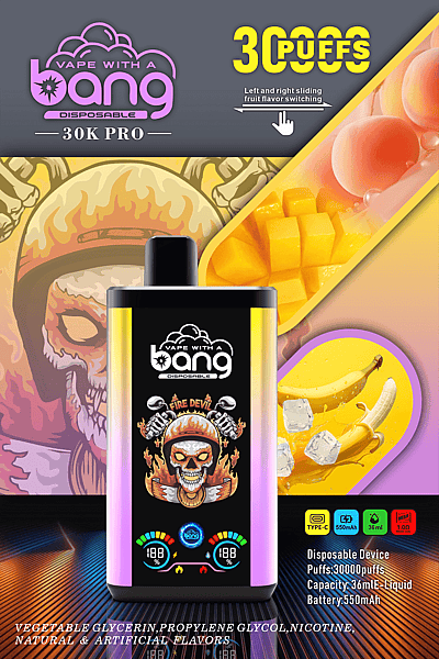 Vape With a Bang 30K Pro disposable device, 30,000 puffs, features fruit flavor switching, Fire Devil design, 36mL liquid capacity, 550mAh battery, and contains vegetable glycerin, propylene glycol, nicotine, natural & artificial flavors.