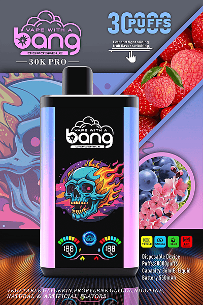 Promotional image of a "Vape with a Bang 30K Pro" disposable vape device, featuring a colorful design with a flaming skull. Highlighted features include 30,000 puffs, left and right sliding fruit flavor switching, 36ml e-liquid capacity, Type-C charging port, 550mAh battery, and ingredients like vegetable glycerin, propylene glycol, nicotine, and natural & artificial flavors.