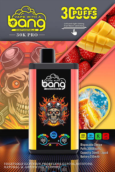 Confezione del dispositivo di svapo monouso "Vape with a Bang" 30K Pro con capacità di 30.000 boccate, possibilità di cambiare aroma alla frutta, design a teschio, batteria da 550 mAh e capacità di e-liquid di 36 ml.