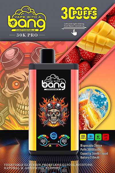 "Vape with a Bang" 30K Pro disposable vape device packaging displaying 30,000 puffs, fruit flavor switching, skull design, 550mAh battery, and 36mL e-liquid capacity.
