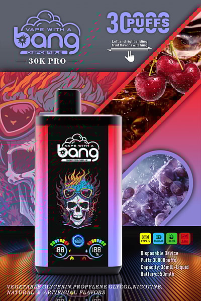 "Svapa con il dispositivo monouso Bang 30K Pro con design a teschio, 30.000 boccate, aroma di frutta regolabile, capacità del liquido di 36 ml, batteria da 550 mAh, ricarica Type-C, con aromi di ciliegia e uva."