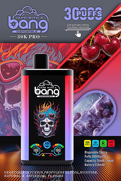 "Vape with a Bang 30K Pro disposable device with skull design, 30,000 puffs, adjustable fruit flavor, 36mL liquid capacity, 550mAh battery, Type-C charging, displaying cherry and grape flavors."