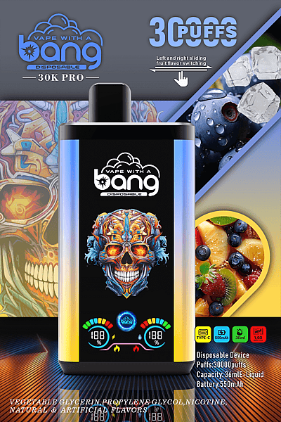 Vape device advertisement featuring a colorful, artistic skull design, boasting "Vape with a Bang 30K Pro," 30000 puffs, flavor switching, and specs including 36mL liquid capacity and 550mAh battery.