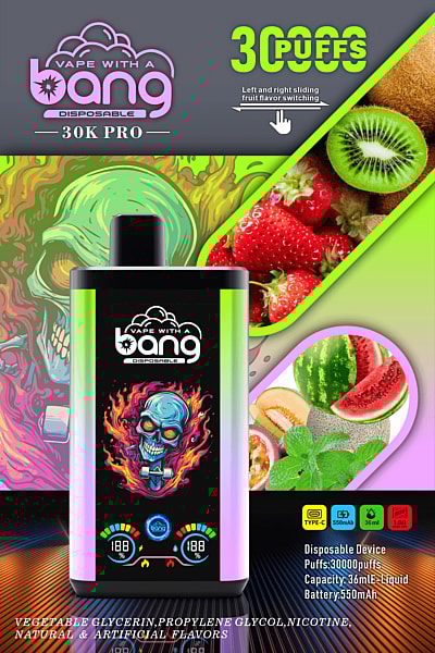 Immagine promozionale per "Vape with a Bang Disposable 30K Pro" che mostra uno schermo digitale con un teschio, testo che indica 30.000 boccate, opzioni di aromi alla frutta e specifiche sulla capacità del prodotto e sulla durata della batteria.