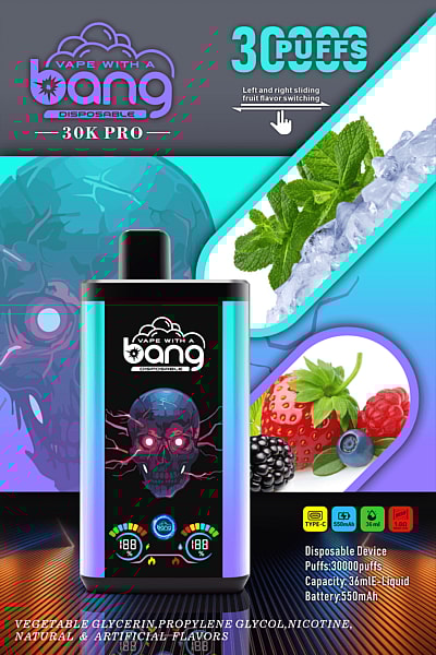 Pubblicità per il dispositivo monouso Vape with a Bang 30K Pro, dotato di 30.000 boccate, capacità del liquido di 36 ml, batteria da 550 mAh e possibilità di cambiare l'aroma della frutta.