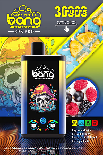 Pubblicità per il dispositivo monouso "Bang 30K Pro", con 30.000 boccate, aromi alla frutta, batteria da 550 mAh e capacità di e-liquid di 36 ml.