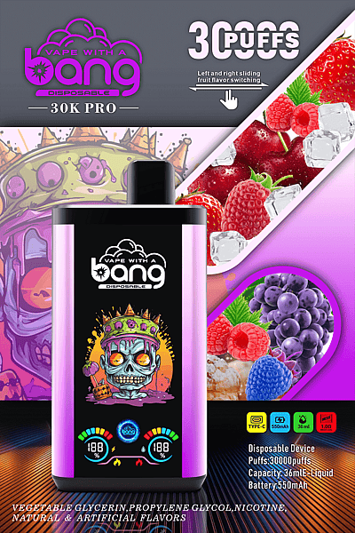 Vape device packaging featuring "Vape with a Bang 30K Pro Disposable" with 30,000 puffs, sliding fruit flavor options, 550mAh battery, and 36mL e-liquid capacity. Includes vibrant fruit images and a colorful skull design.