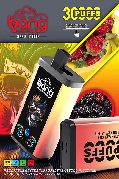Vape with a Bang 30K Pro disposable vape device featuring 30,000 puffs, left and right sliding fruit flavor switching, and a colorful design with strawberries and blackberries in the background.