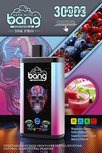 Immagine promozionale per uno svapo con dispositivo monouso Bang 30K Pro, con capacità di 30.000 boccate, immagini di aromi alla frutta e specifiche del prodotto, tra cui capacità di e-liquid da 36 ml, batteria da 550 mAh e ricarica USB Type-C.