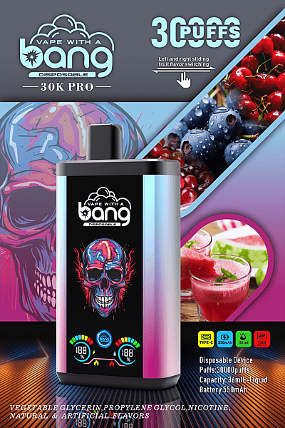 Promotional image for a Vape with a Bang 30K Pro disposable device, featuring 30,000 puffs, fruit flavor images, and product specifications including 36mL e-liquid capacity, 550mAh battery, and USB Type-C charging.
