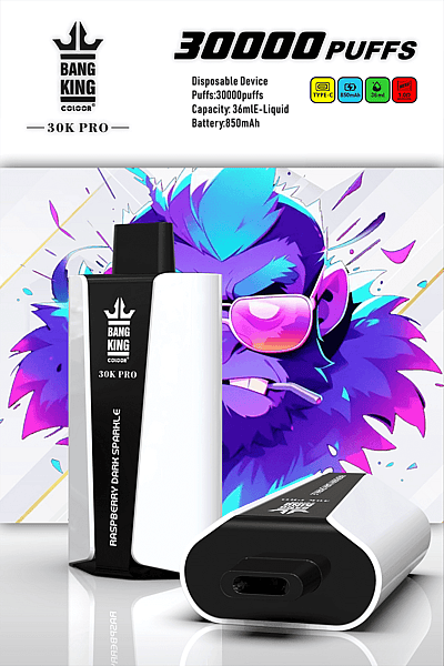 Dispositivo di svapo monouso Bang King 30K Pro, etichettato "Raspberry Dark Sparkle", con 30.000 boccate, capacità di e-liquid da 36 ml, batteria da 850 mAh, porta Type-C e una grafica colorata sullo sfondo.