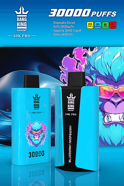 Pubblicità per il dispositivo di svapo monouso Bang King 30K Pro con 30.000 boccate, e-liquid da 36 ml, batteria da 850 mAh e aroma di mirtillo e lampone.