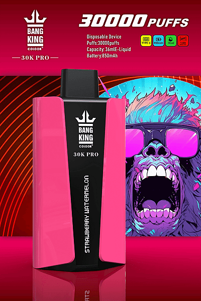 Dispositivo per svapo monouso Bang King 30K Pro con 30.000 boccate, aroma fragola e anguria, capacità e-liquid da 36 ml e batteria da 850 mAh.