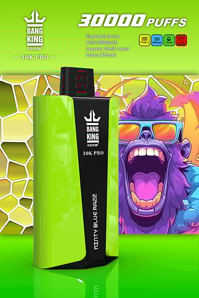 Bang King 30K Pro engångsvapingapparat med 30 000 bloss, 36 ml vätskekapacitet, 850 mAh batteri och en "Minty Blue Razz"-smak, med en färgstark bakgrund med en rytande gorilla som bär solglasögon.