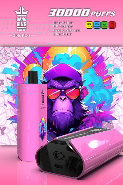 Kampanjbild för en Bang King Color 30K Pro engångsvape-enhet med 30 000 puffar, 36 ml vätskekapacitet, 850mAh batteri och Type-C laddningsport. Presenteras med färgglada bakgrunder och en bild av en gorilla som bär solglasögon och en keps.