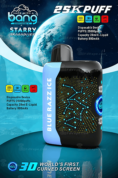 "Vape with a Bang" Starry disposable device advertisement, featuring a blue and black vape with 25,000 puff capacity, 28ml e-liquid, 800mAh battery, and a 3D curved screen design.