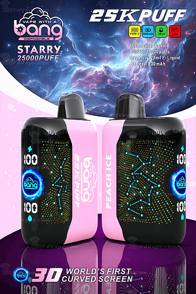 Promotional image of the Bang Starry disposable vape device featuring 25,000 puffs, a 28ml e-liquid capacity, an 800mAh battery, and a 3D curved screen design.