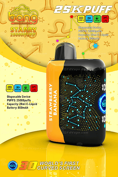 A disposable vape device featuring a curved screen with specifications: 25,000 puffs, 28ml E-liquid capacity, and an 800mAh battery, labeled "Strawberry Banana."