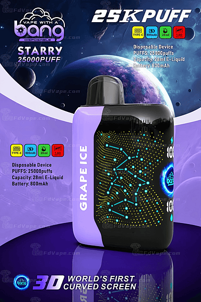 Bang Starry 25000 Puff disposable vape device in Grape Ice flavor, featuring a 3D curved screen design. Key specs: 25000 puffs, 28ml e-liquid capacity, 800mAh battery, Type-C charging.