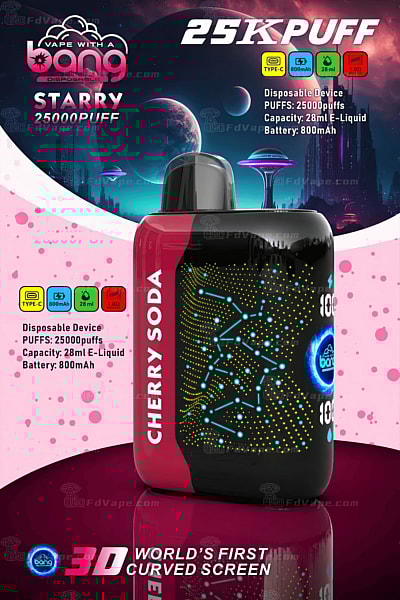 Imagen de un dispositivo de vapeo desechable con sabor a refresco de cereza con 25.000 bocanadas, capacidad de 28 ml de e-líquido y batería de 800 mAh, que presenta un diseño de pantalla curva 3D.