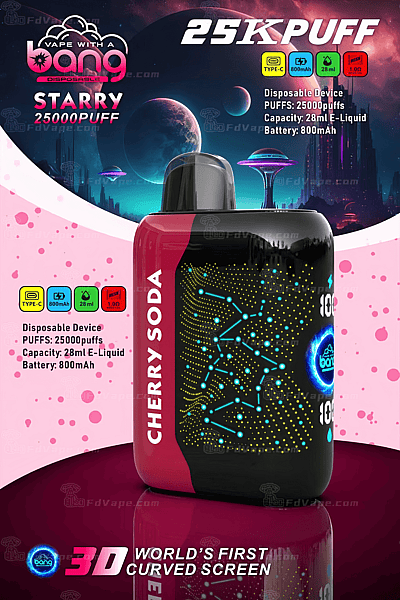 Image of a cherry soda flavored disposable vape device with 25,000 puffs, 28ml e-liquid capacity, and 800mAh battery, featuring a 3D curved screen design.