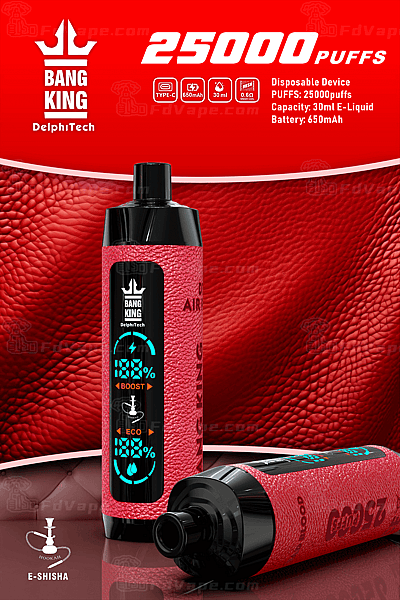 Appareil de vapotage jetable étiqueté « Bang King » avec un design texturé rouge, 25 000 bouffées, une batterie de 650 mAh, une capacité d'e-liquide de 30 ml et des fonctions d'affichage numérique pour les modes boost et éco.