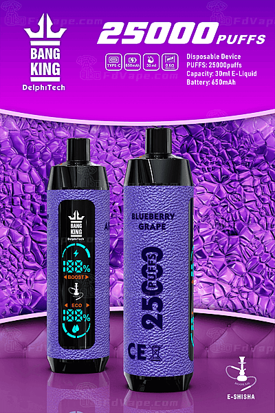 Appareil de vapotage jetable étiqueté « Bang King » d'une capacité de 25 000 bouffées, saveur raisin myrtille, doté d'un design texturé violet, d'un e-liquide de 30 ml, d'une batterie de 650 mAh et d'un affichage numérique indiquant les niveaux de charge.
