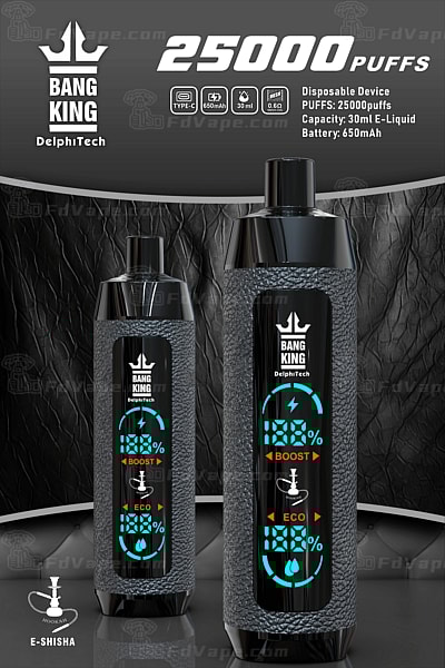 Een zwart en grijs wegwerp-vape-apparaat met het label "BANG KING" met "25000 PUFFS", een digitaal display dat het batterijpercentage, de BOOST- en ECO-modi weergeeft en specificaties van 30 ml e-liquidcapaciteit en 650 mAh-batterij.